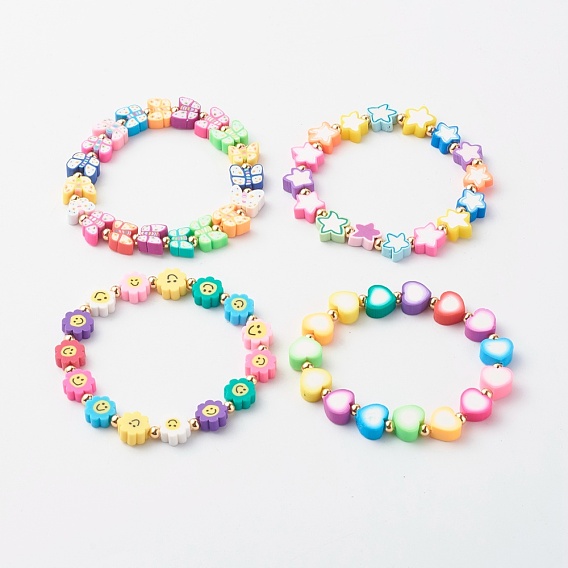 Handmade Polymer Clay Beads Stretch Bracelets, with Brass Beads