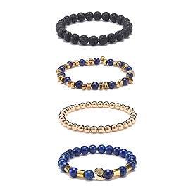 4Pcs 4 Style Natural Lava Rock & Lapis Lazuli(Dyed) & Synthetic Hematite Stretch Bracelets Set with Alloy Shell Beaded, Essential Oil Gemstone Jewelry for Women