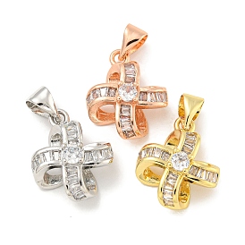 Rack Plating Brass Micro Pave Clear Cubic Zirconia Pendants, Long-Lasting Plated, Lead Free & Cadmium Free, Flower