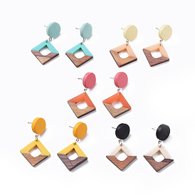 Pendientes de resina y madera., con cuentas de madera de pera y 304 hallazgos de aretes de acero inoxidable, tuercas de plástico, rombo