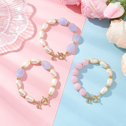 3Pcs 3 Styles Imitation Gemstone & ABS Imitation Pearl Acrylic Beaded Bracelets for Women, Oval, with Brass