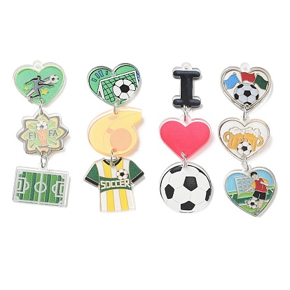 Football Printed Acrylic Big Pendants, Heart Charms, with Platinum Iron Loop