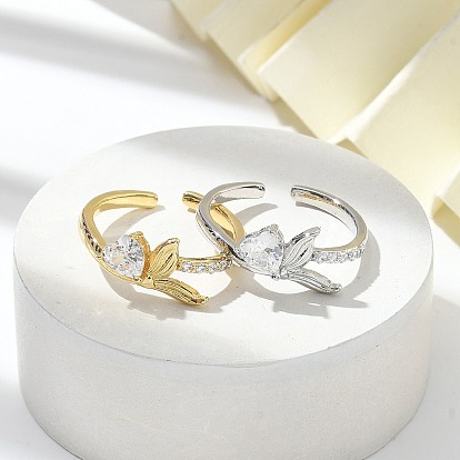 Манжеты-кольца из прозрачного кубического циркония в форме рыбьего хвоста с сердцем, украшения из латуни для женщин, долговечный, стойки покрытие, без свинца и без кадмия