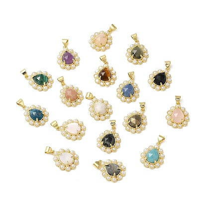 Natural Mixed Gemstone Teardrop with Plastic Pearl Beaded Pendant, with Real 14K Gold Plated Brass Finding