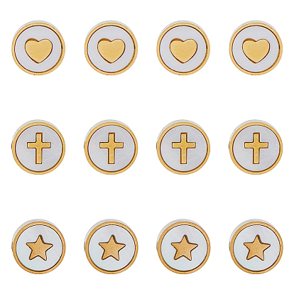 12шт 3 стиль 304 бусины из нержавеющей стали, с оболочкой, плоский круглый с сердцем/звездой/крестом