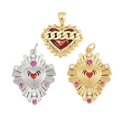 Brass Micro Pave Cubic Zirconia Pendants, with Red Enamel, Heart Charms, Rack Plating, Long-Lasting Plated, Lead Free & Cadmium Free
