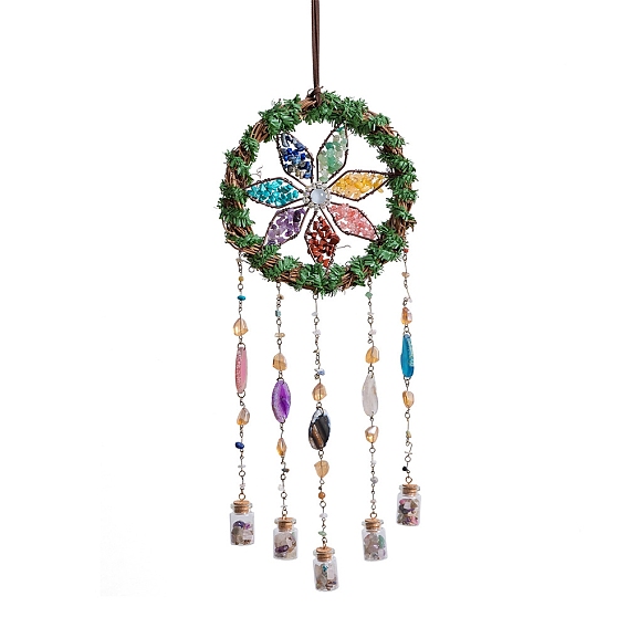 7 Chakra Natural & Synthetic Gemstone Chips Wreath Hanging Suncatchers, with Agate Pendants & Glass Bottle for Outdoor & Garden Decor