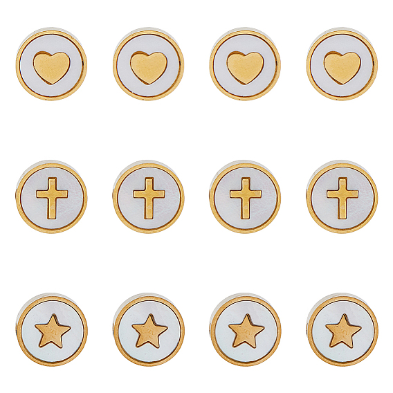 12шт 3 стиль 304 бусины из нержавеющей стали, с оболочкой, плоский круглый с сердцем/звездой/крестом