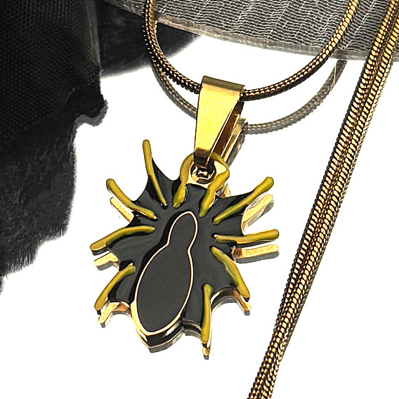 201 Colliers pendentifs araignée noire d'Halloween en acier inoxydable émaillé