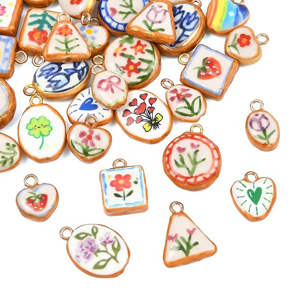 Printed Handmade Porcelain with Brass Pendants, Mixed Shapes Charms, Golden