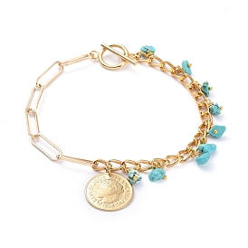 Iron Paperclip Chain Anklets, with Aluminum Curb Chains, Synthetic Turquoise Chips, 304 Stainless Steel Toggle Clasps, Coin Pendants
