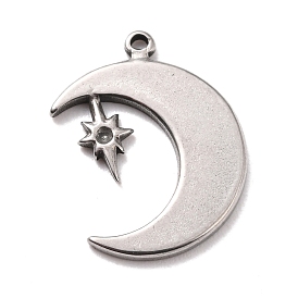 304 Stainless Steel Pendants   Rhinestone Settings, Moon with Star