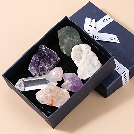 7 Styles Raw Rough Nuggets & Cuboid Mixed Natural Gemstone Ornaments Set, Reiki Energy Stone Display Decorations