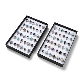 36Pcs Natural & Synthetic Mixed Gemstone Open Cuff Ring Set, with Rack Plating Brass and Paper Box, Oval