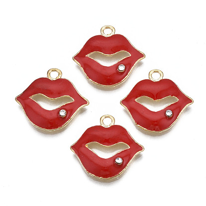 Rack Plating Alloy Enamel Pendants, with Crystal Rhinestone, Cadmium Free & Nickel Free & Lead Free, Lip