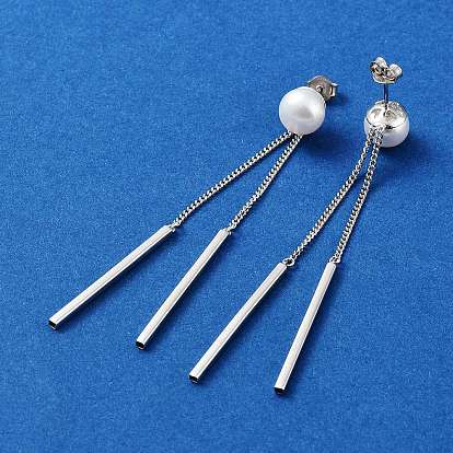 Rhodium Plated 925 Sterling Silver Tassel Earrings, Dangle Stud Earrings with Natural Pearl Beads, with S925 Stamp