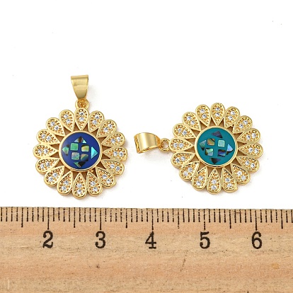 Brass Pendants Micro Pave Cubic Zirconia Pendants, with Enamel & Shell, Real 18K Gold Plated, Flower
