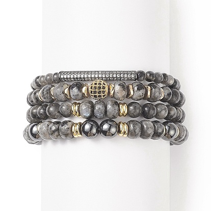 4Pcs 4 Style Natural Larvikite & Synthetic Hematite Stretch Bracelets Set with Cubic Zirconia Column Beaded, Gemstone Stackable Bracelets for Men Women