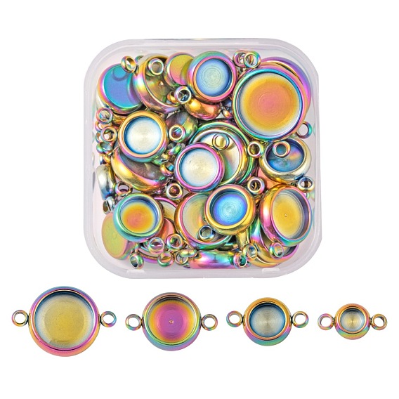 40Pcs 4 Style Ion Plating(IP) 304 Stainless Steel Links Connectors Settings, Plain Edge Bezel Cups, Rainbow Color, Flat Round
