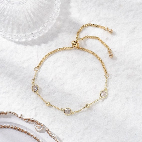 Регулируемые латунные цепочки с плоскими круглыми звеньями из прозрачного кубического циркония, браслеты из цепочек панцирного плетения для женщин, с пластиковым круглым брелоком ccb
