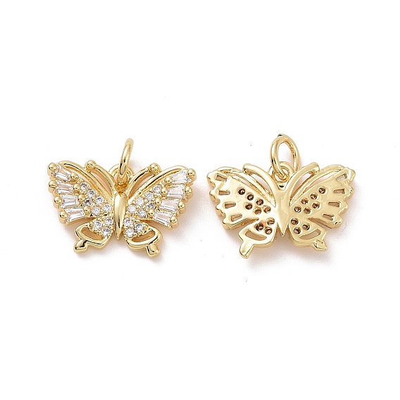 Brass Micro Pave Clear Cubic Zirconia Pendants, with Jump Ring, Butterfly Charms