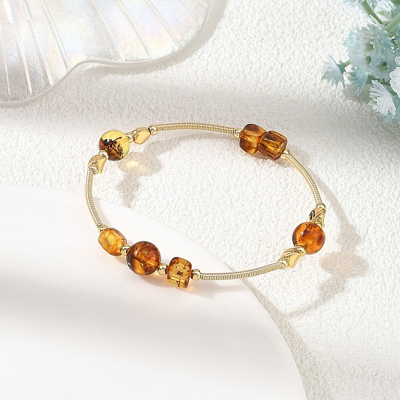 Natural Amber Round Beads Bangles, with Brass Beads and Copper French Wire