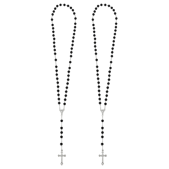 2шт. пластиковые четки с имитацией жемчуга для Пасхи, Подвески в виде распятия из сплава с железными цепочками, чёрные