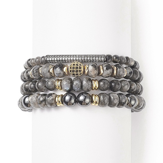 4Pcs 4 Style Natural Larvikite & Synthetic Hematite Stretch Bracelets Set with Cubic Zirconia Column Beaded, Gemstone Stackable Bracelets for Men Women