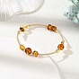 Natural Amber Round Beads Bangles, with Brass Beads and Copper French Wire
