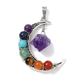 7 Chakra Gemstone Round Pendants, Alloy Moon Charms with Raw Natural Amethyst, Antique Silver
