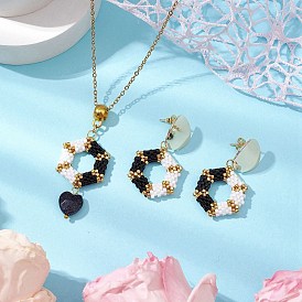 Hexagon Glass Seed Beads Earring & Pendant Necklaces Sets, Heart Synthetic Blue Goldstone and 304 Stainless Steel Jewelry Sets for Women