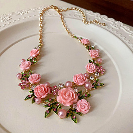 Ожерелья-гирлянды из сплава страз и пластикового жемчуга в виде роз для женщин, золотые