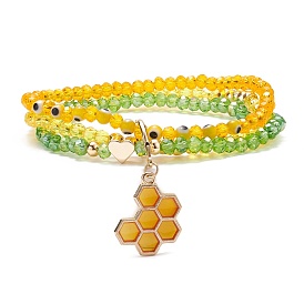 Round Glass Evil Eye Triple Layer Multi-strand Bracelet, Alloy Enamel Beehive Charm Stretch Bracelet for Women