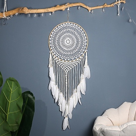 Cotton Woven Net/Web with Feather Hanging Decorations, Bohemia Macrame Ornaments for Home Office Decoration