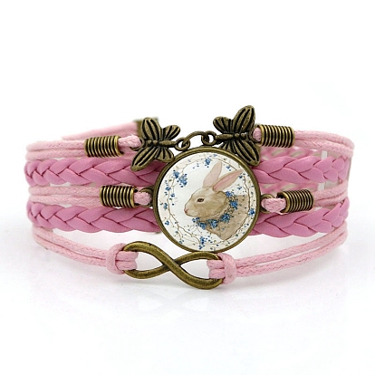 Easter Rabbit Pattern Glass Link Multi-strand Bracelet, Alloy Butterfly & Infinity Braided Wide Bracelet for Women