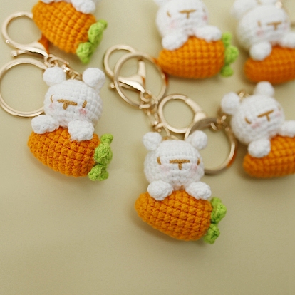 Cute Woven Rabbit and Carrot Pendant Keychain, with Alloy Finding