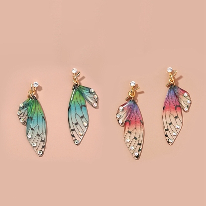 Resin Butterfly Wings Dangle Stud Earrings, Rhinestone Long Drop Earrings with 304 Stainless Steel Pins for Women