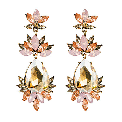 Exaggerated Waterdrop-shaped Multi-layer Acrylic Inlaid Diamond Flower Earrings for Women, Retro Style and Fashionable Full-drilled Ear Studs.