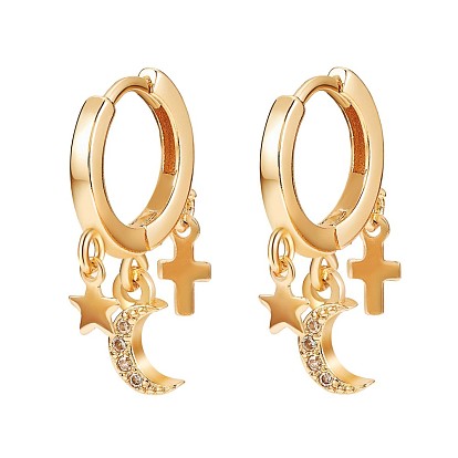 Clear Cubic Zirconia Moon Star Cross Dangle Hoop Earrings, Brass Jewelry for Women