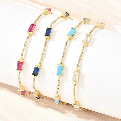 Brass Pave Rectangle Cubic Zirconia Link Chain Bracelets, with Box Chains, Rack Plating, Long-Lasting Plated, Real 18K Gold Plated, Lead Free & Cadmium Free