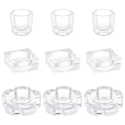 9шт 3 стиль стеклянная глубокая тарелка/крышка миска чашка хрустальная тарелка, держатель для жидкости в мини-миске, контейнер для аксессуаров для маникюра, цветок и квадрат и восьмиугольник