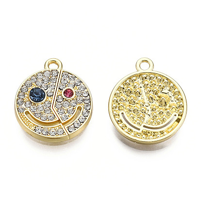Crémaillère pendentifs en alliage placage, avec strass, sans cadmium et sans nickel et sans plomb, plat rond avec un visage souriant