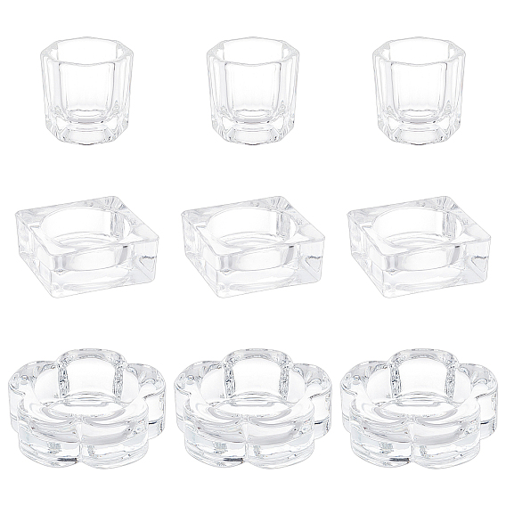 9шт 3 стиль стеклянная глубокая тарелка/крышка миска чашка хрустальная тарелка, держатель для жидкости в мини-миске, контейнер для аксессуаров для маникюра, цветок и квадрат и восьмиугольник