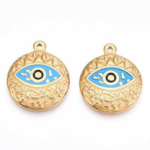304 нержавеющей стальной эмали подвески, плоский круглый с оберегом от сглаза, ионное покрытие (ip), реальный 18 k позолоченный