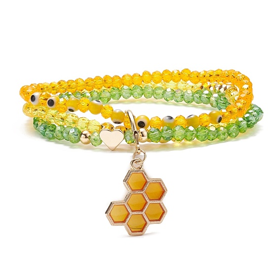 Round Glass Evil Eye Triple Layer Multi-strand Bracelet, Alloy Enamel Beehive Charm Stretch Bracelet for Women