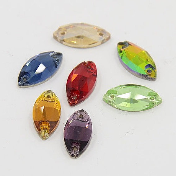 Шить на горный хрусталь, стекло горный хрусталь, два отверстия, аксессуары для одежды, посеребренным дном, граненые, лошадиный глаз , 7x15x3.5 мм, отверстие : 1 мм