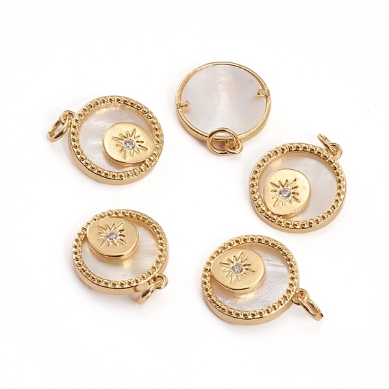 Brass Micro Pave Clear Cubic Zirconia Pendants, with Shell and Jump Rings, Flat Round with Star