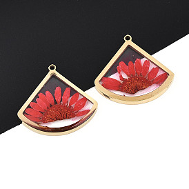 304 подвески из нержавеющей стали с эпоксидной смолой, веер с сухоцветом, ионное покрытие (ip), реальный 18 k позолоченный