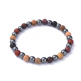 Stretch Bracelets, with Wood Beads and Non-Magnetic Synthetic Hematite Beads, Round