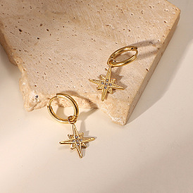 Stainless Steel Pendant with 14K Gold Eight-Pointed Star and Five Zircon Earrings Set for Women